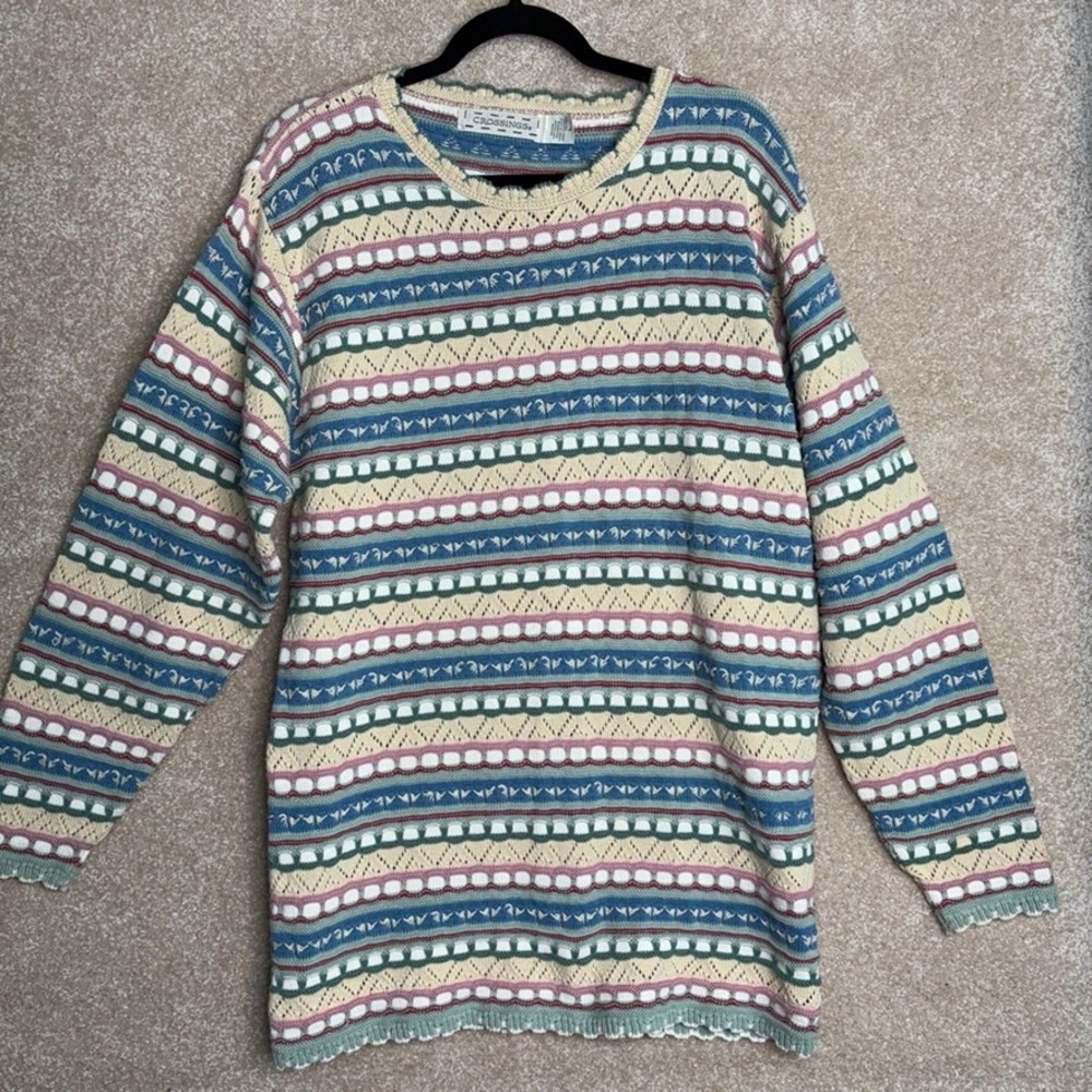 CROSSINGS Vintage Sweater Women's Large Striped Knit Cotton Cottagecore USA Made